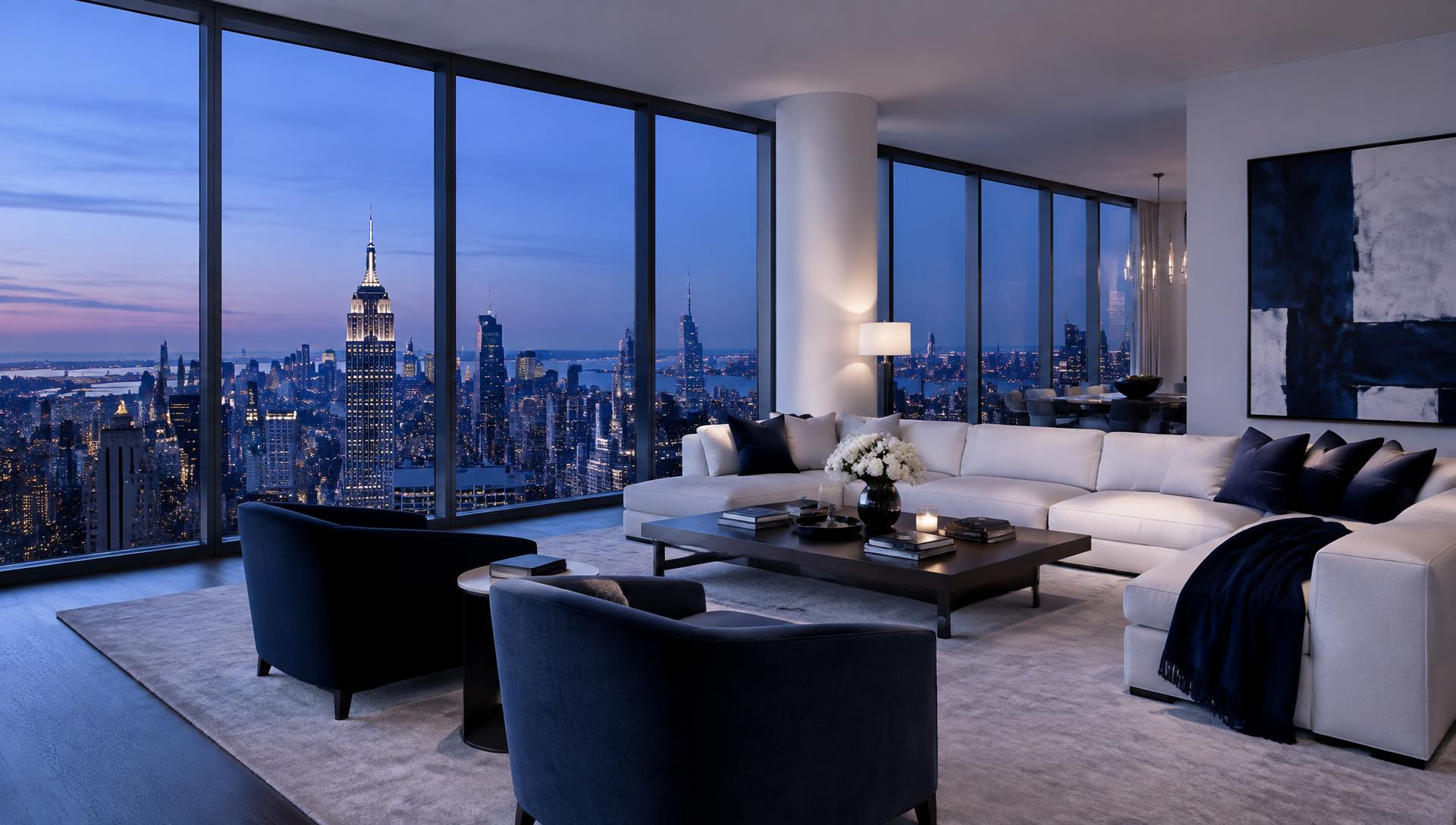 Spotless luxury Manhattan apartment at dusk